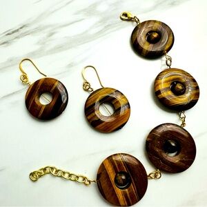 Handmade Tiger’s Eye Stone Bracelet & Earring Set | Gold Tone Wire Wrap Jewelry